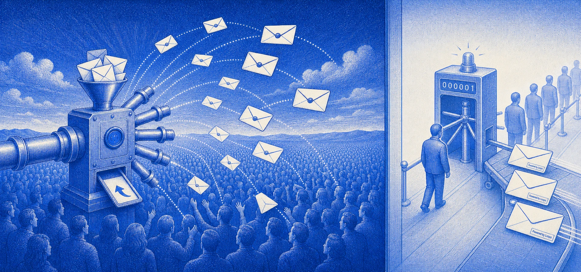 Halftone illustration: a campaign room where a flat-rate dispatch manifold fans letters out to a large audience freely, with a return slot where replies come back in. Off to one side, faded, another room where a turnstile counts each contact's head passing through — a per-contact toll — and every outgoing letter carries a small 'Powered by Loops' footer tag.
