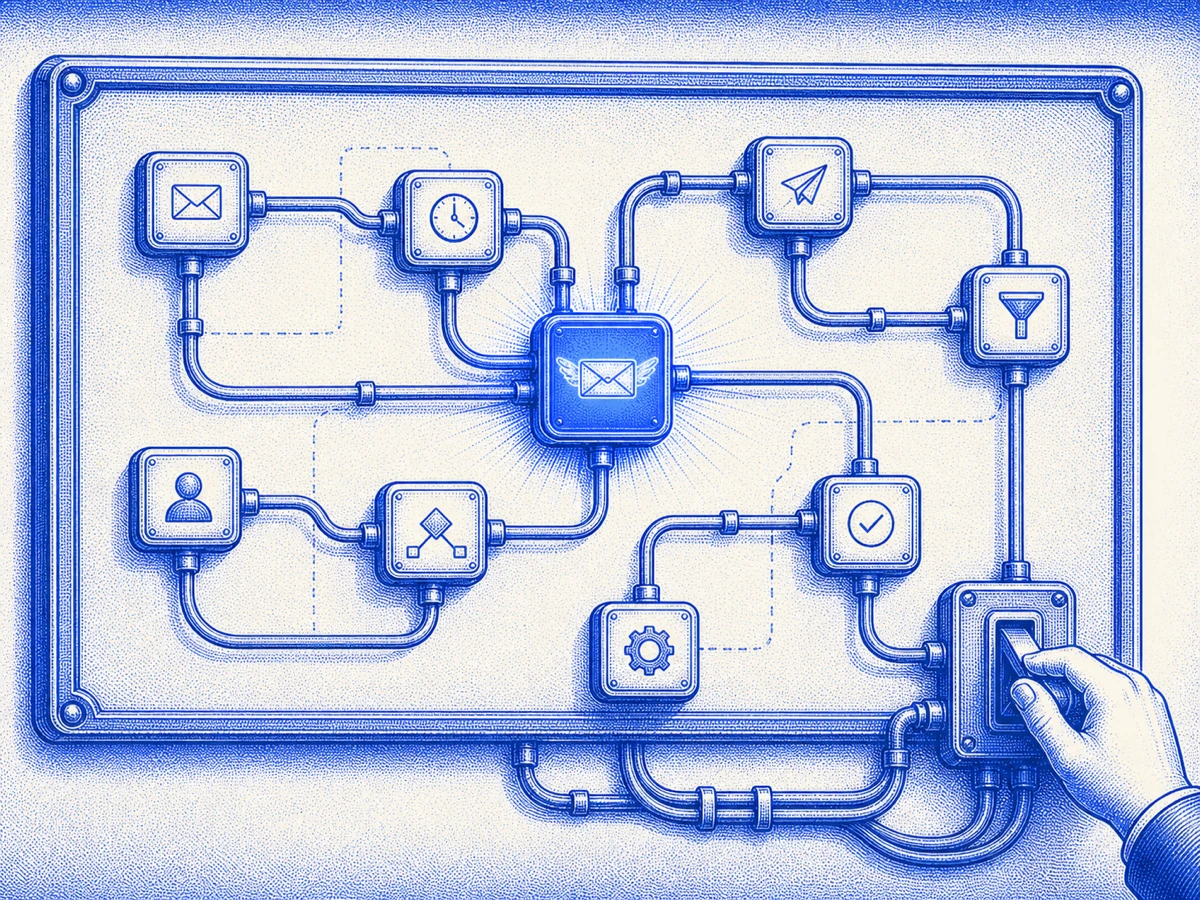 Halftone illustration: an elegant wall-mounted flowchart of connected nodes and pneumatic tubes — a genuinely lovely visual automation builder, a hand flipping one switch.