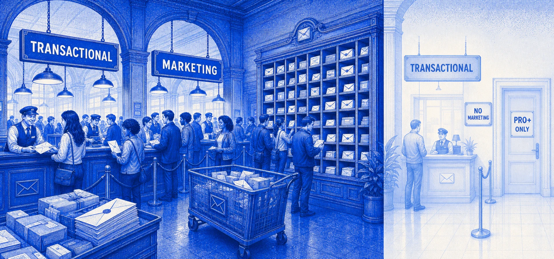 Halftone illustration: a multi-lane post office hall with clearly signed lanes — 'TRANSACTIONAL' and 'MARKETING' both open and flowing — beside a wall of inbox slots. Off to one side, faded, a pristine single 'TRANSACTIONAL' lane with a polite 'NO MARKETING' sign and an inbound door marked 'PRO+ ONLY'.